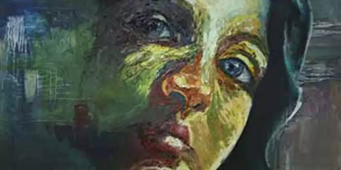 Oil painting of a woman's face primarily in shades of green.